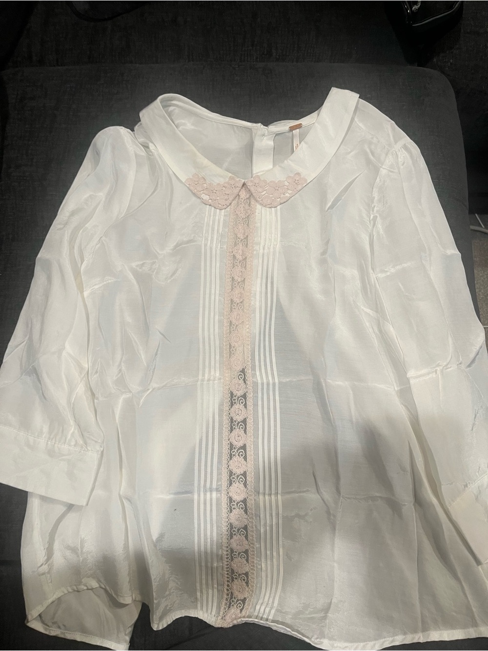 FREE PEOPLE White Sheer Blouse with Pink Lace Trim